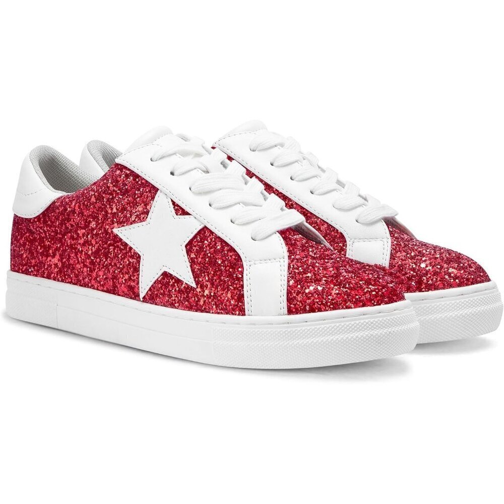Women's Red Rhinestone Glitter Star Low Top Comfortable Walking Sneakers Shoes